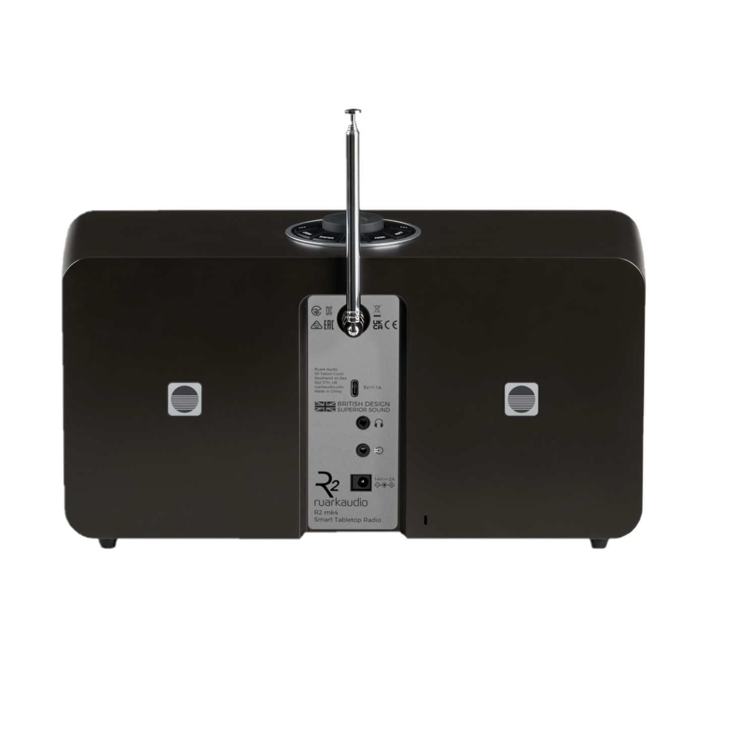 Ruark R2 MK4 Streaming-Musiksystem Espresso Rückansicht mit Teleskopantenne