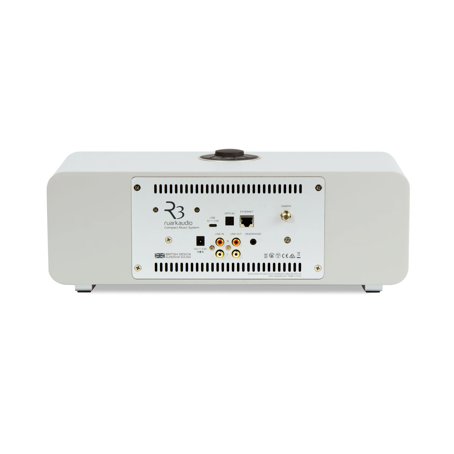 Ruark R3S Kompaktanlage mit CD & Streaming Hellgrau Rückansicht mit Anschlussfeld