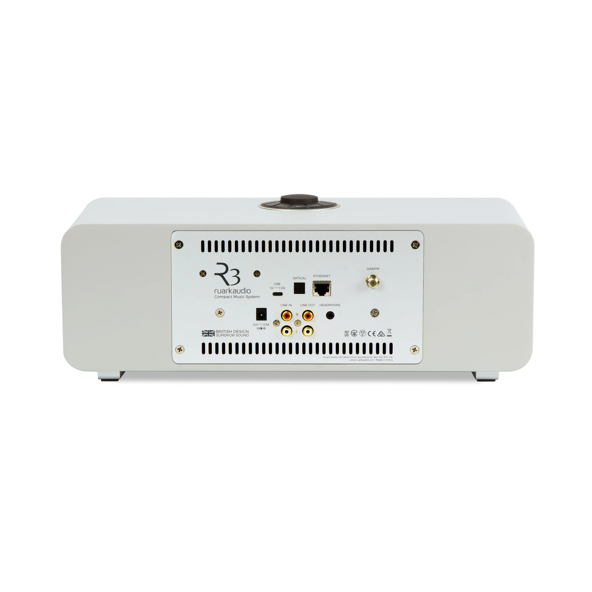 Ruark R3S Kompaktanlage mit CD & Streaming Hellgrau Rückansicht mit Anschlussfeld
