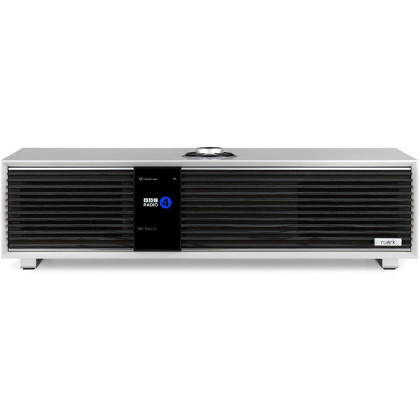 Ruark R410 All-in-One-Musiksystem Hellgrau + Black Slats Frontansicht mit schwarzen Lamellen