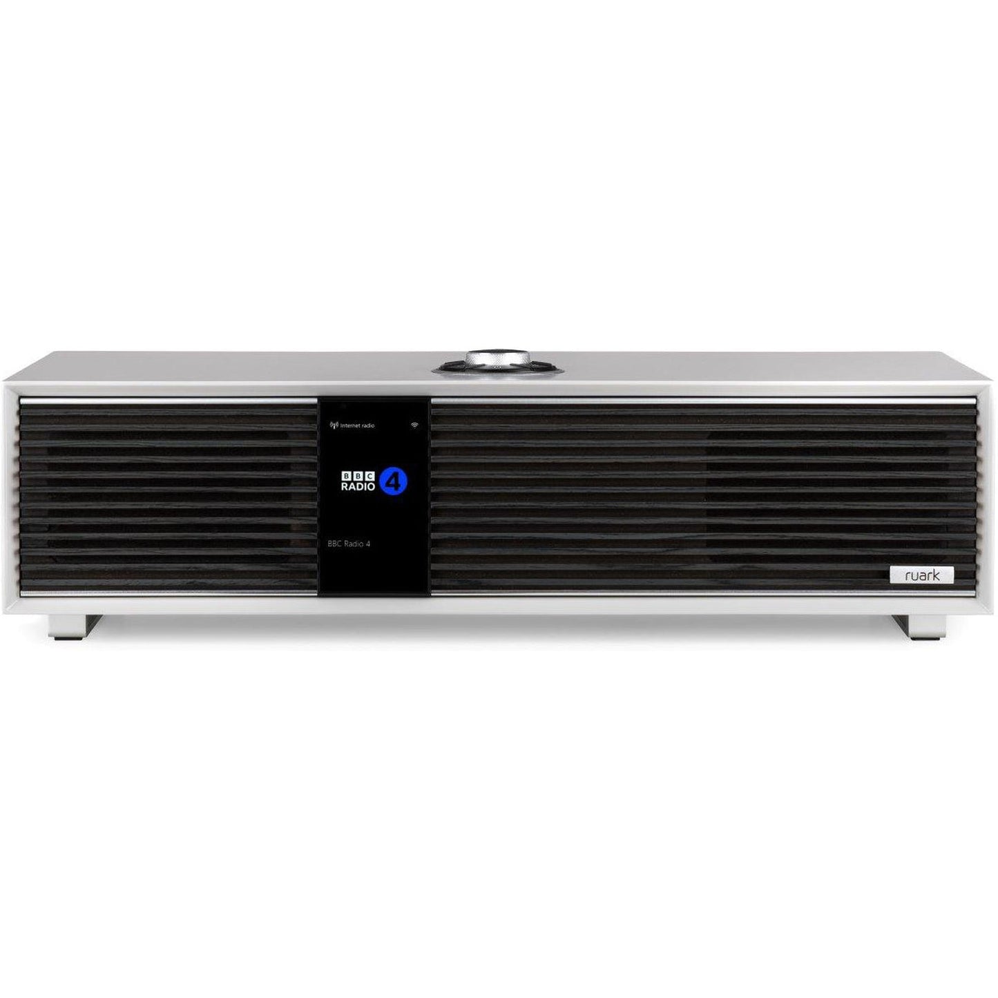 Ruark R410 All-in-One-Musiksystem Hellgrau + Black Slats Frontansicht mit schwarzen Lamellen