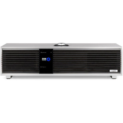Ruark R410 All-in-One-Musiksystem Hellgrau + Black Slats Frontansicht mit schwarzen Lamellen