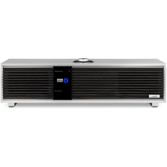 Ruark R410 All-in-One-Musiksystem Hellgrau + Black Slats Frontansicht mit schwarzen Lamellen