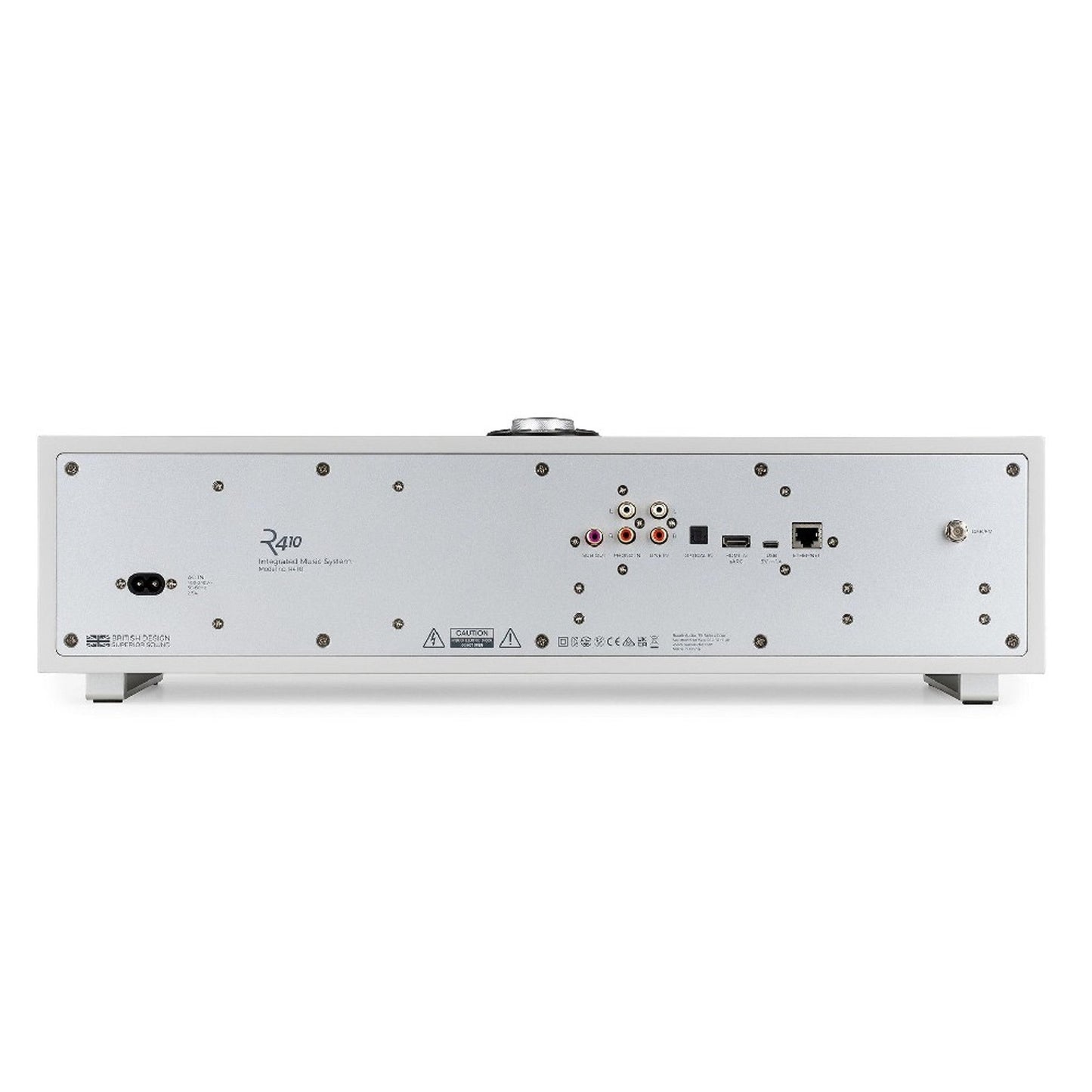 Ruark R410 All-in-One-Musiksystem Hellgrau + Black Slats Rückansicht mit Anschlussfeld