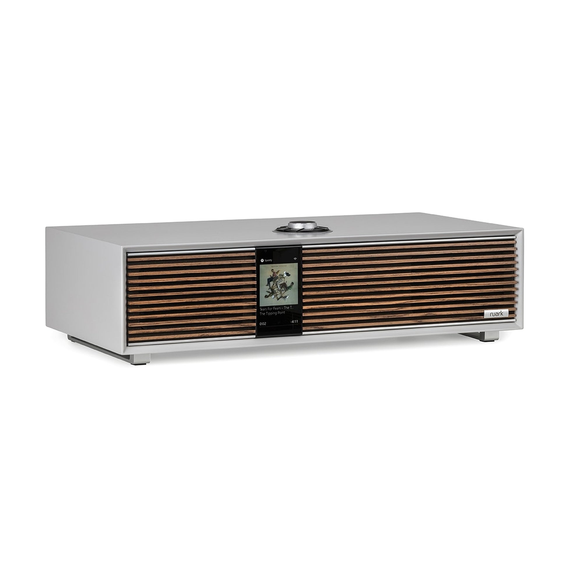 Ruark R410 All-in-One-Musiksystem Hellgrau Displayansicht mit Album-Cover
