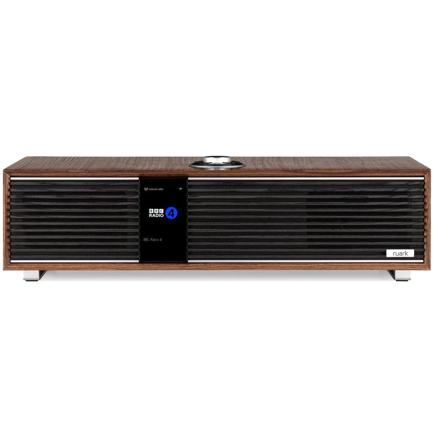 Ruark R410 All-in-One-Musiksystem Nussbaum + Black Slats Frontansicht mit schwarzen Lamellen