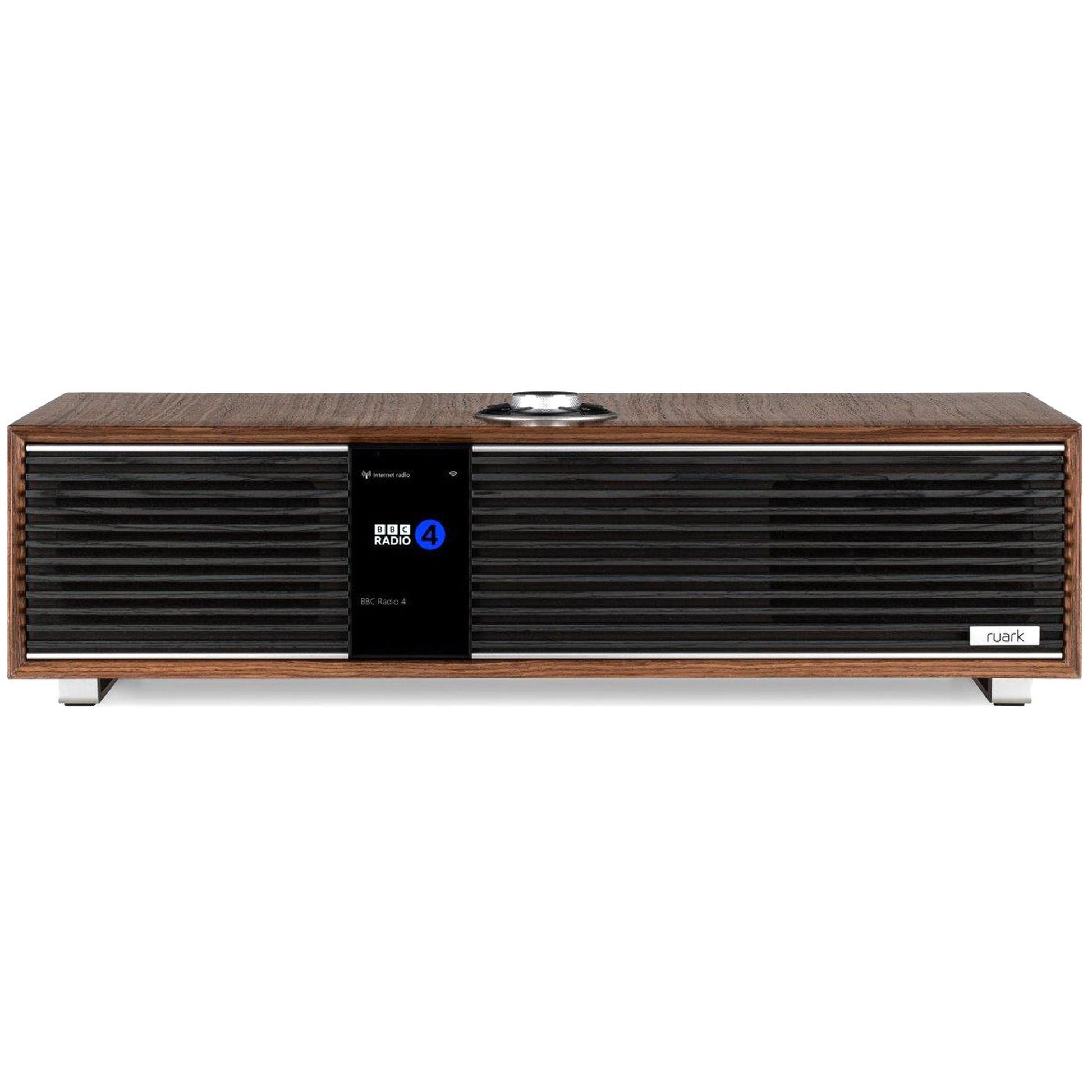 Ruark R410 All-in-One-Musiksystem Nussbaum + Black Slats Frontansicht mit schwarzen Lamellen