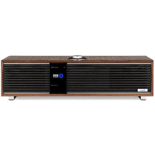 Ruark R410 All-in-One-Musiksystem Nussbaum + Black Slats Frontansicht mit schwarzen Lamellen