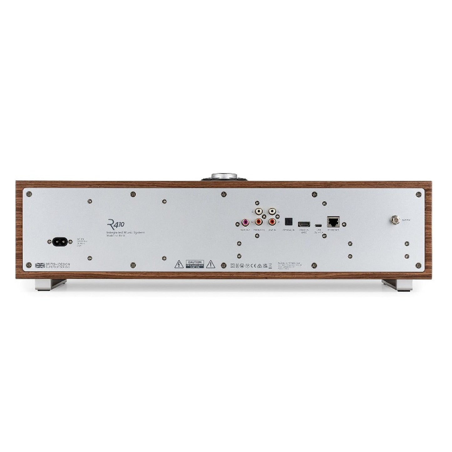 Ruark R410 All-in-One-Musiksystem Nussbaum + Black Slats Rückansicht mit Anschlussfeld