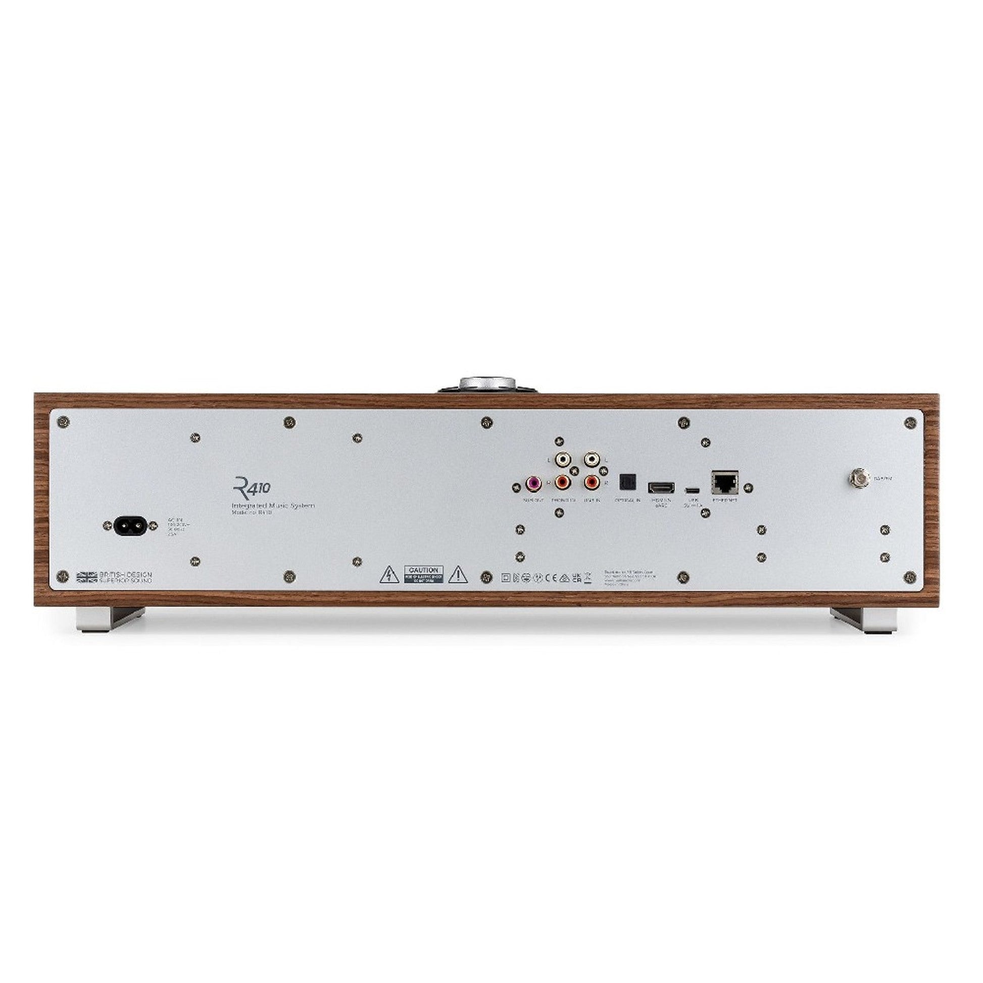 Ruark R410 All-in-One-Musiksystem Nussbaum + Black Slats Rückansicht mit Anschlussfeld