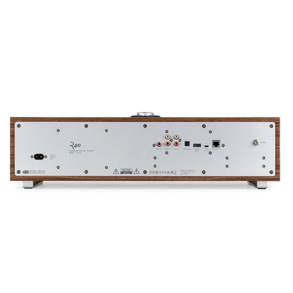 Ruark R410 All-in-One-Musiksystem Nussbaum + Black Slats Rückansicht mit Anschlussfeld