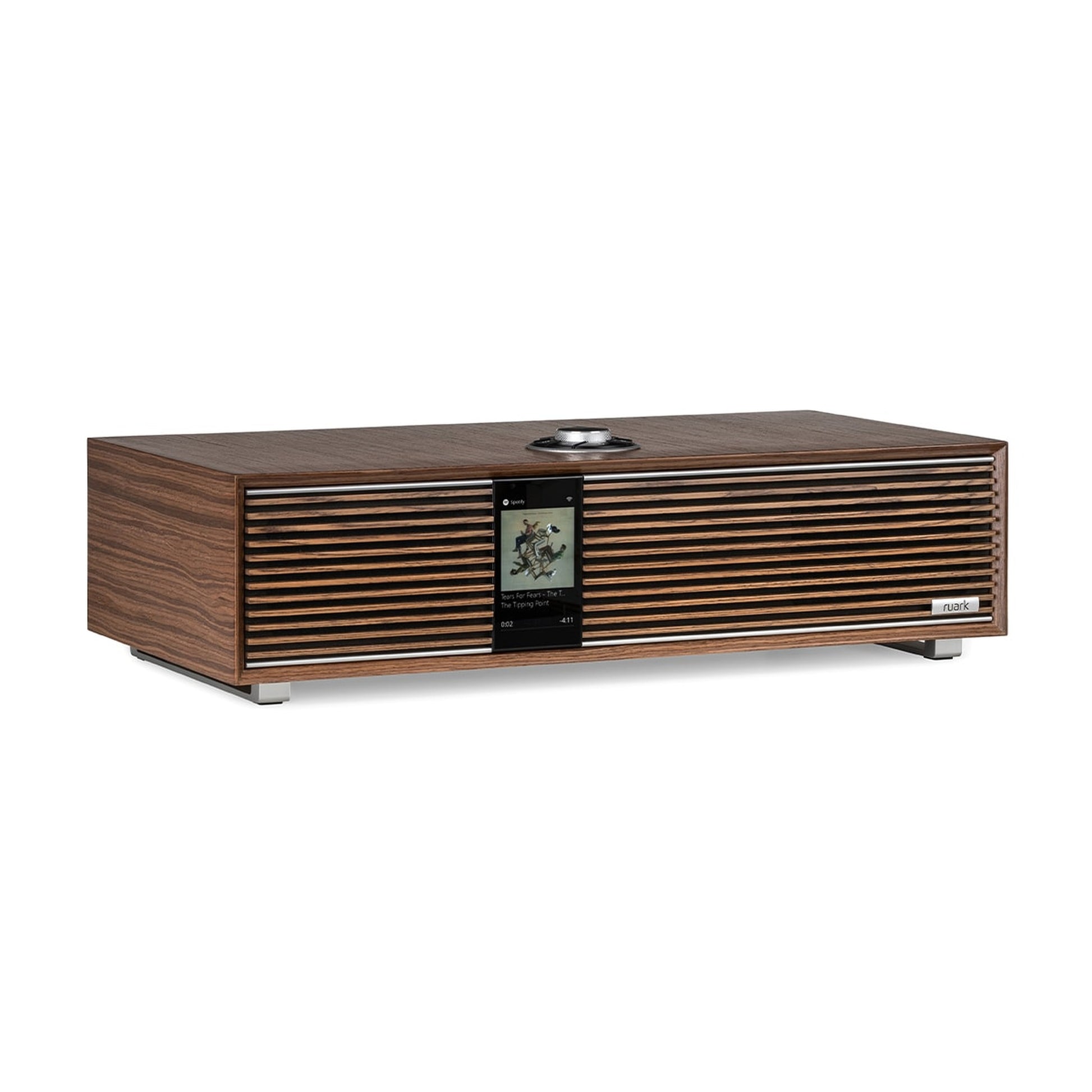 Ruark R410 All-in-One-Musiksystem Nussbaum Displayansicht mit Album-Cover