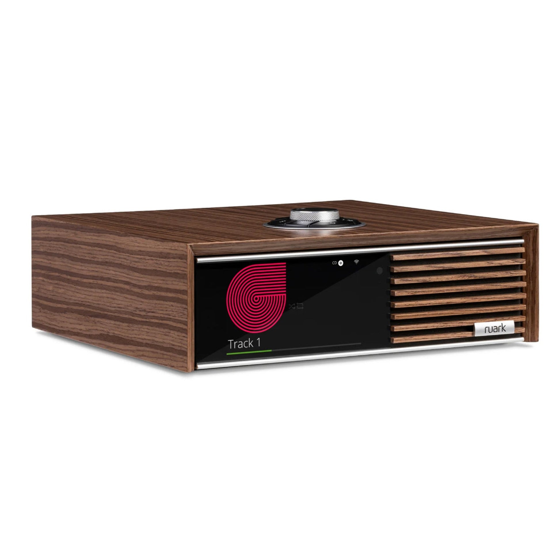 Ruark R610 + Sabre R Streaming-Komplettanlage Nussbaum Schrägansicht des R610 Nahaufnahme