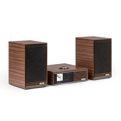 Ruark R610 + Sabre R Streaming-Komplettanlage Nussbaum Schrägansicht des kompletten Sets