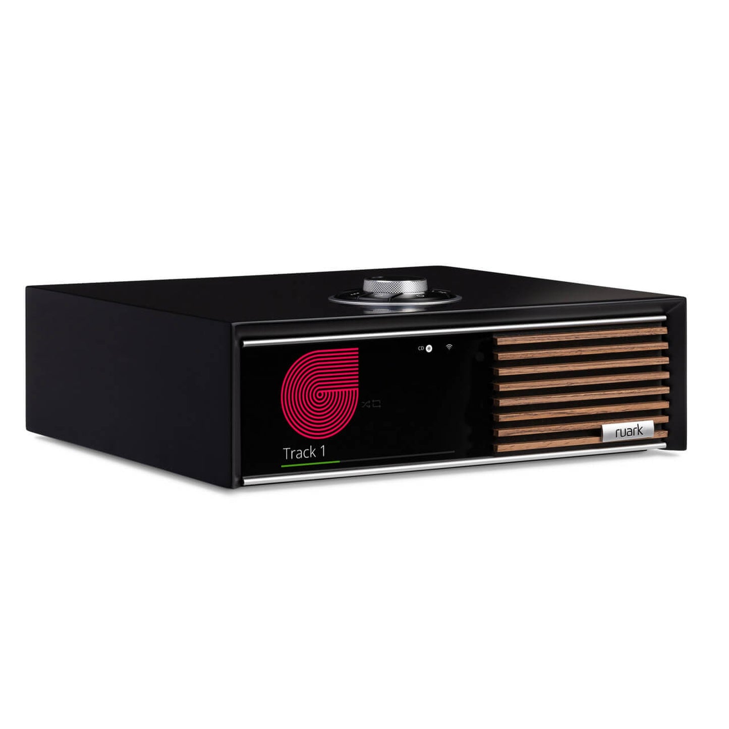 Ruark R610 + Sabre R Streaming-Komplettanlage Schwarz Schrägansicht des Sets Nahaufnahme