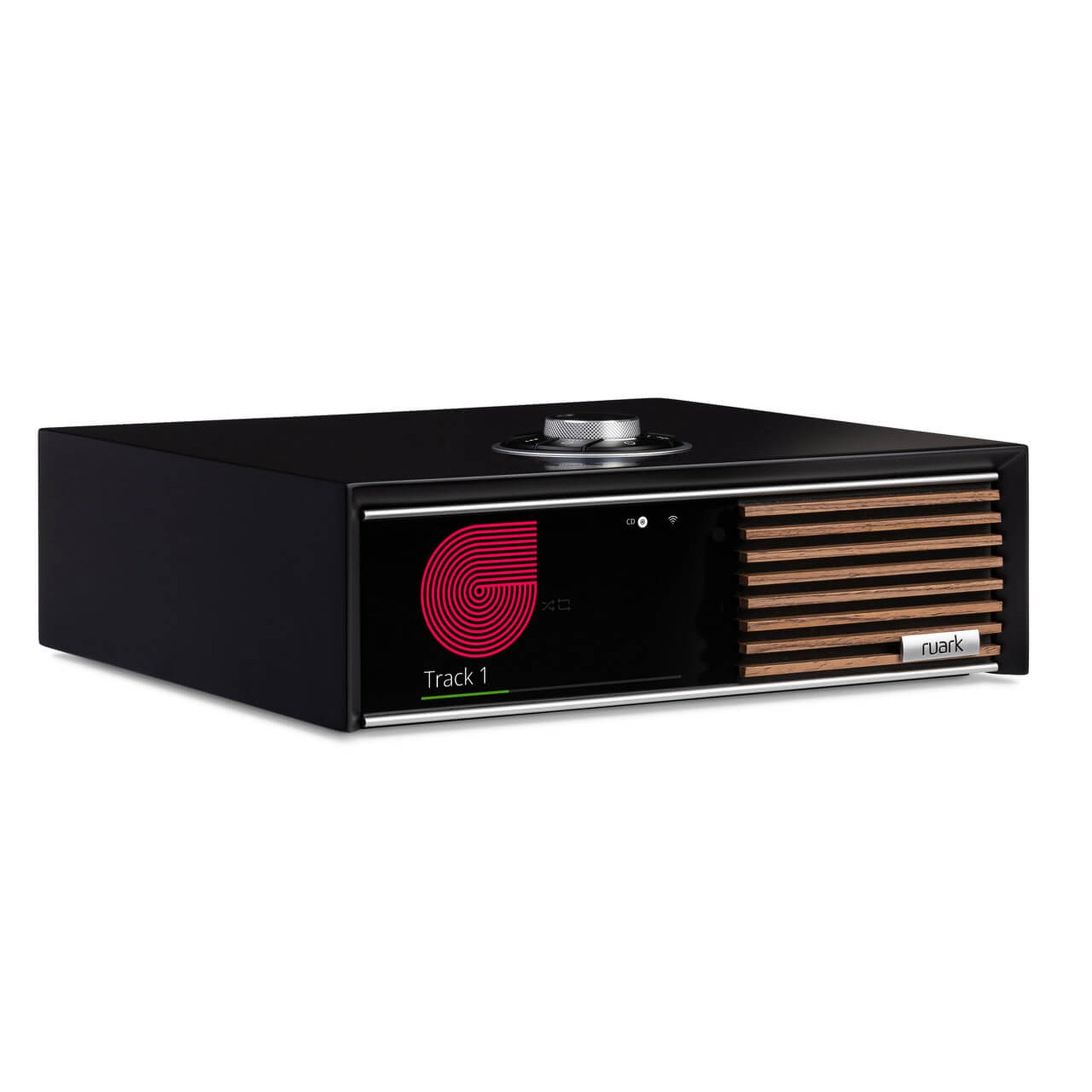 Ruark R610 + Sabre R Streaming-Komplettanlage Schwarz Schrägansicht des Sets Nahaufnahme