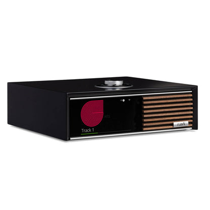 Ruark R610 + Sabre R Streaming-Komplettanlage Schwarz Schrägansicht des Sets Nahaufnahme