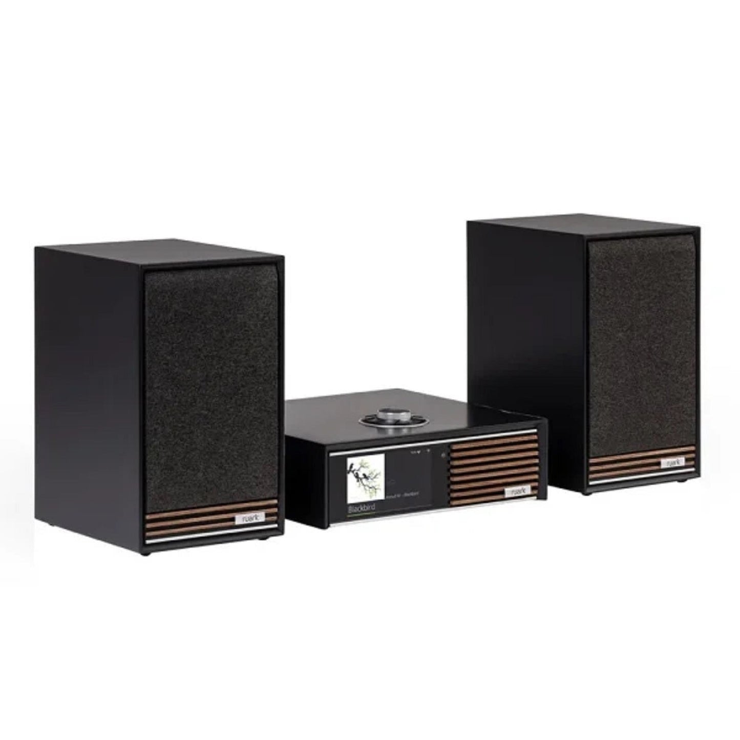Ruark R610 + Sabre R Streaming-Komplettanlage Schwarz Schrägansicht des kompletten Sets