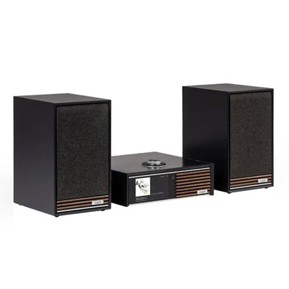 Ruark R610 + Sabre R Streaming-Komplettanlage Schwarz Schrägansicht des kompletten Sets