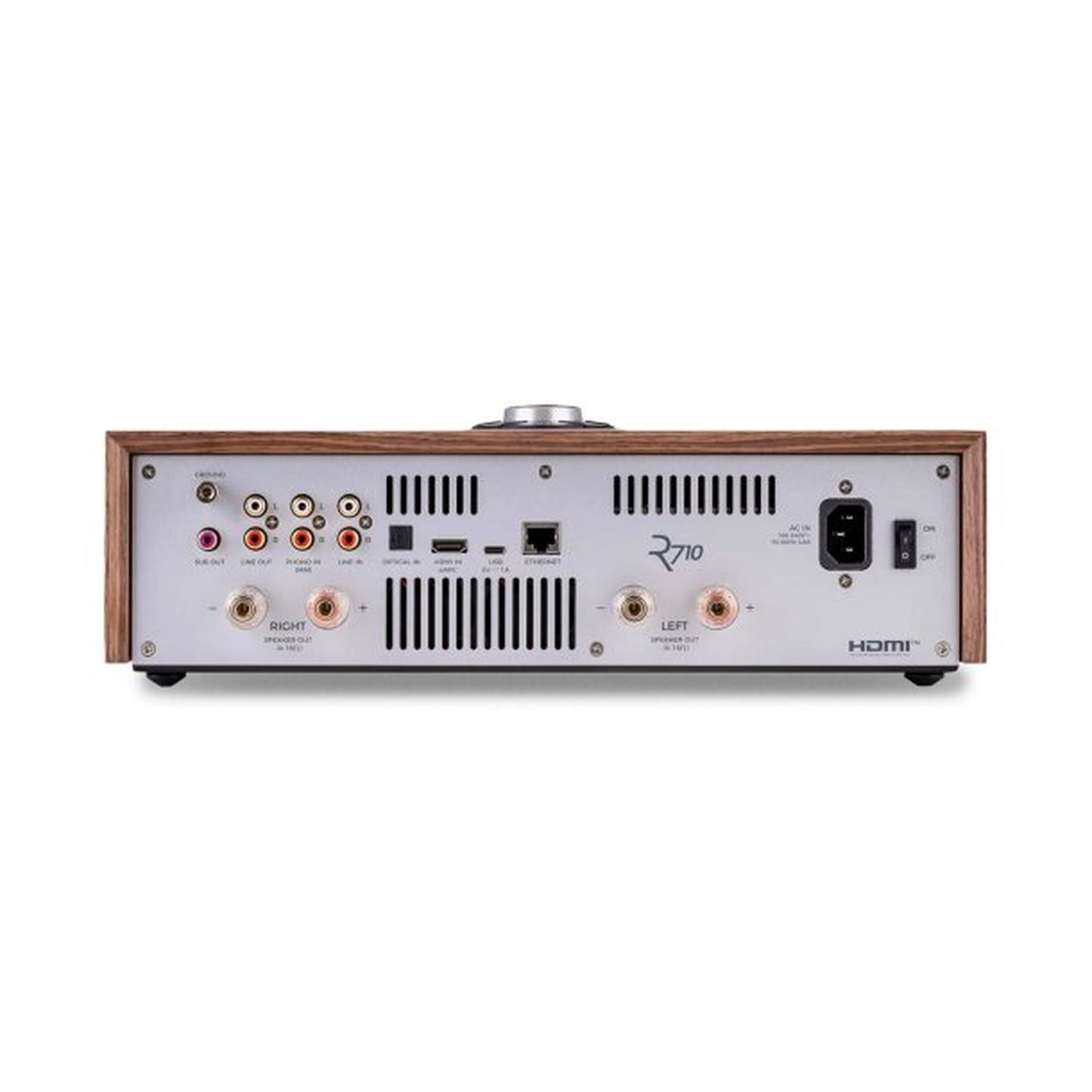Ruark R710 CD-Streaming-Konsole Nussbaum Rückansicht mit Anschlussfeld