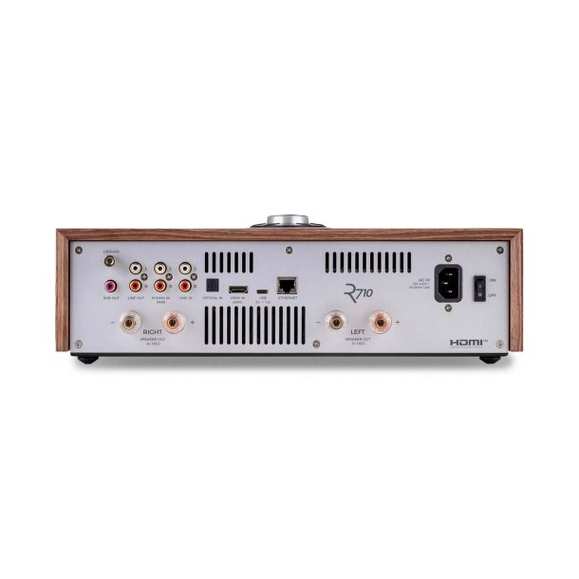 Ruark R710 CD-Streaming-Konsole Nussbaum Rückansicht mit Anschlussfeld