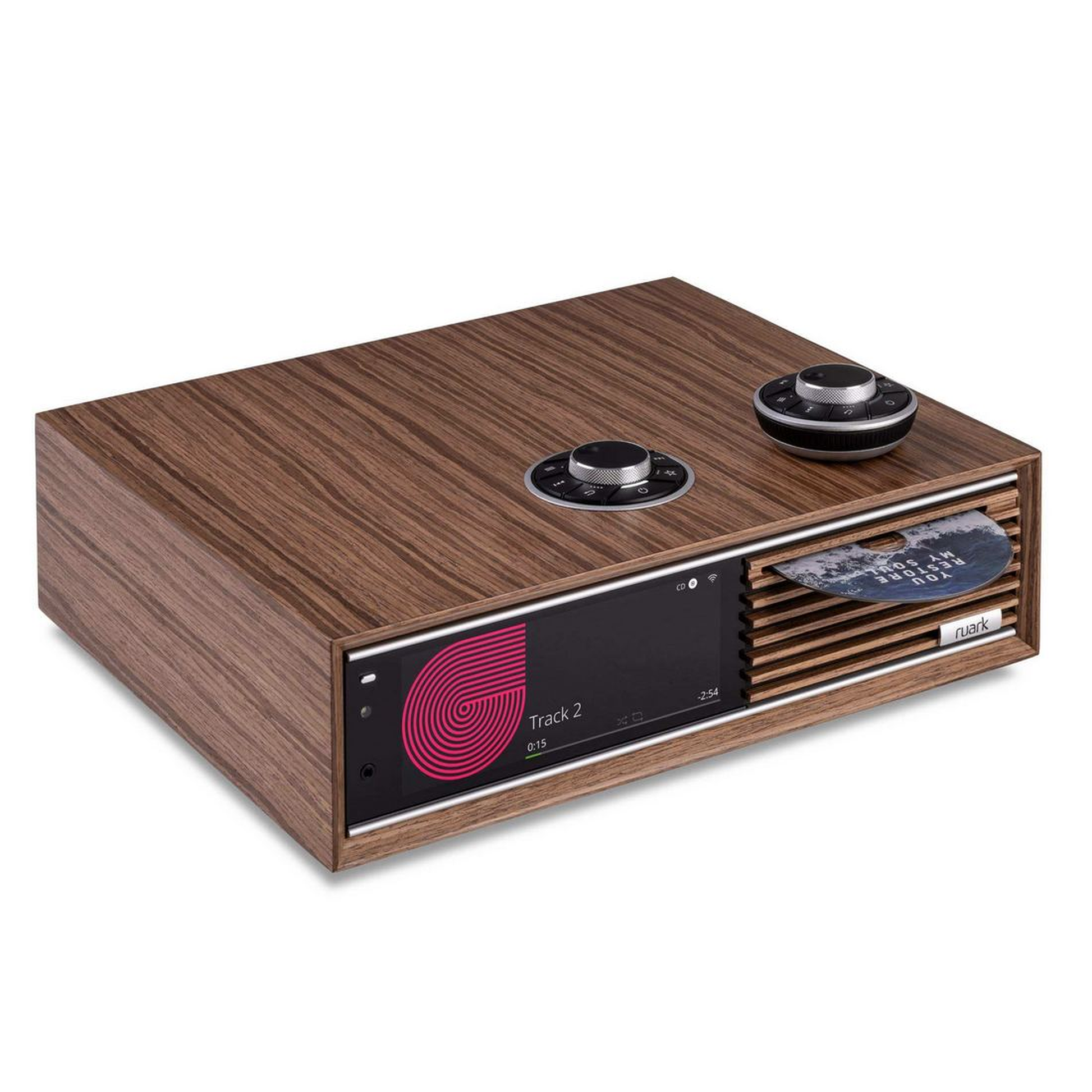 Ruark R710 CD-Streaming-Konsole Nussbaum Schrägansicht