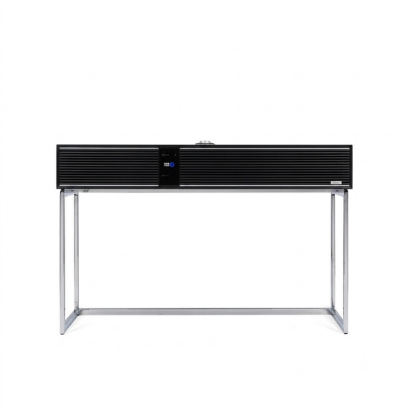 Ruark R810 All-in-One-Musiksystem Hellgrau + Black Slats Frontansicht mit schwarzen Lamellen und Standfuss