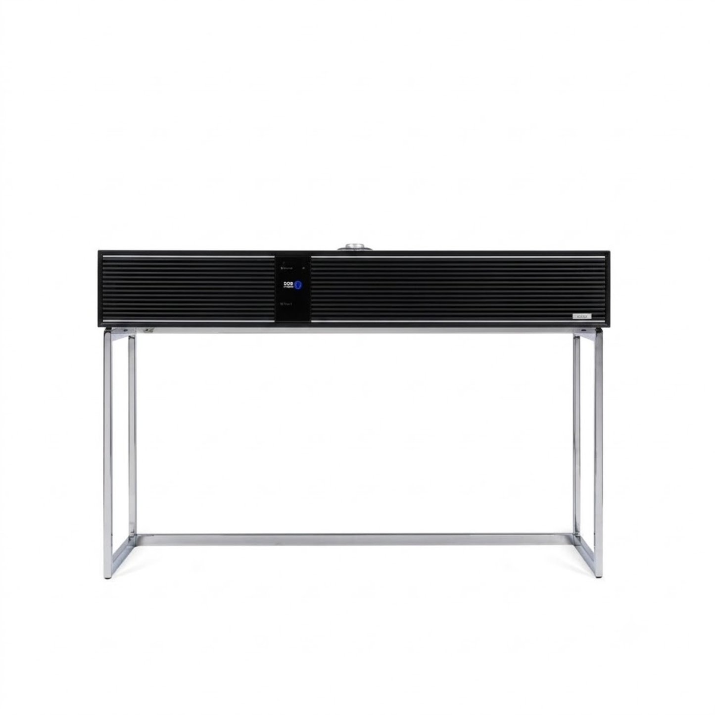 Ruark R810 All-in-One-Musiksystem Hellgrau + Black Slats Frontansicht mit schwarzen Lamellen und Standfuss