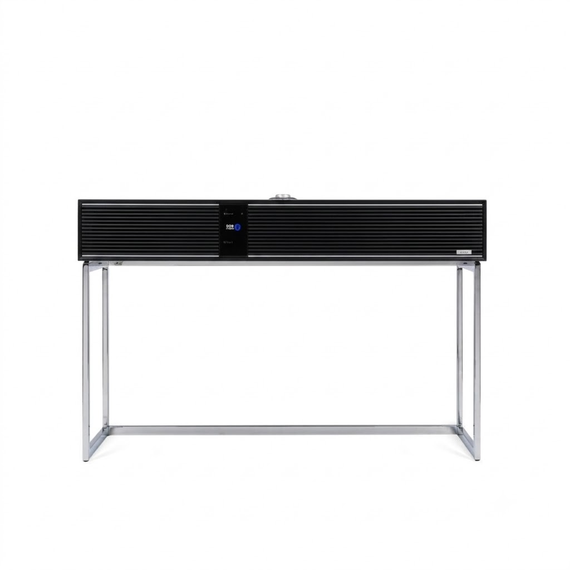 Ruark R810 All-in-One-Musiksystem Hellgrau + Black Slats Frontansicht mit schwarzen Lamellen und Standfuss