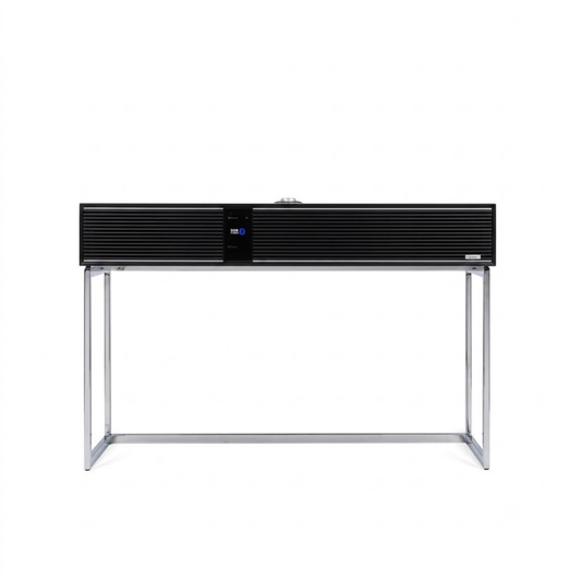 Ruark R810 All-in-One-Musiksystem Hellgrau + Black Slats Frontansicht mit schwarzen Lamellen und Standfuss