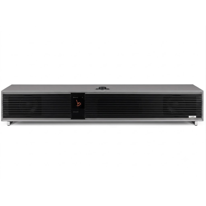 Ruark R810 All-in-One-Musiksystem Hellgrau + Black Slats Frontansicht mit schwarzen Lamellen ohne Standfuss