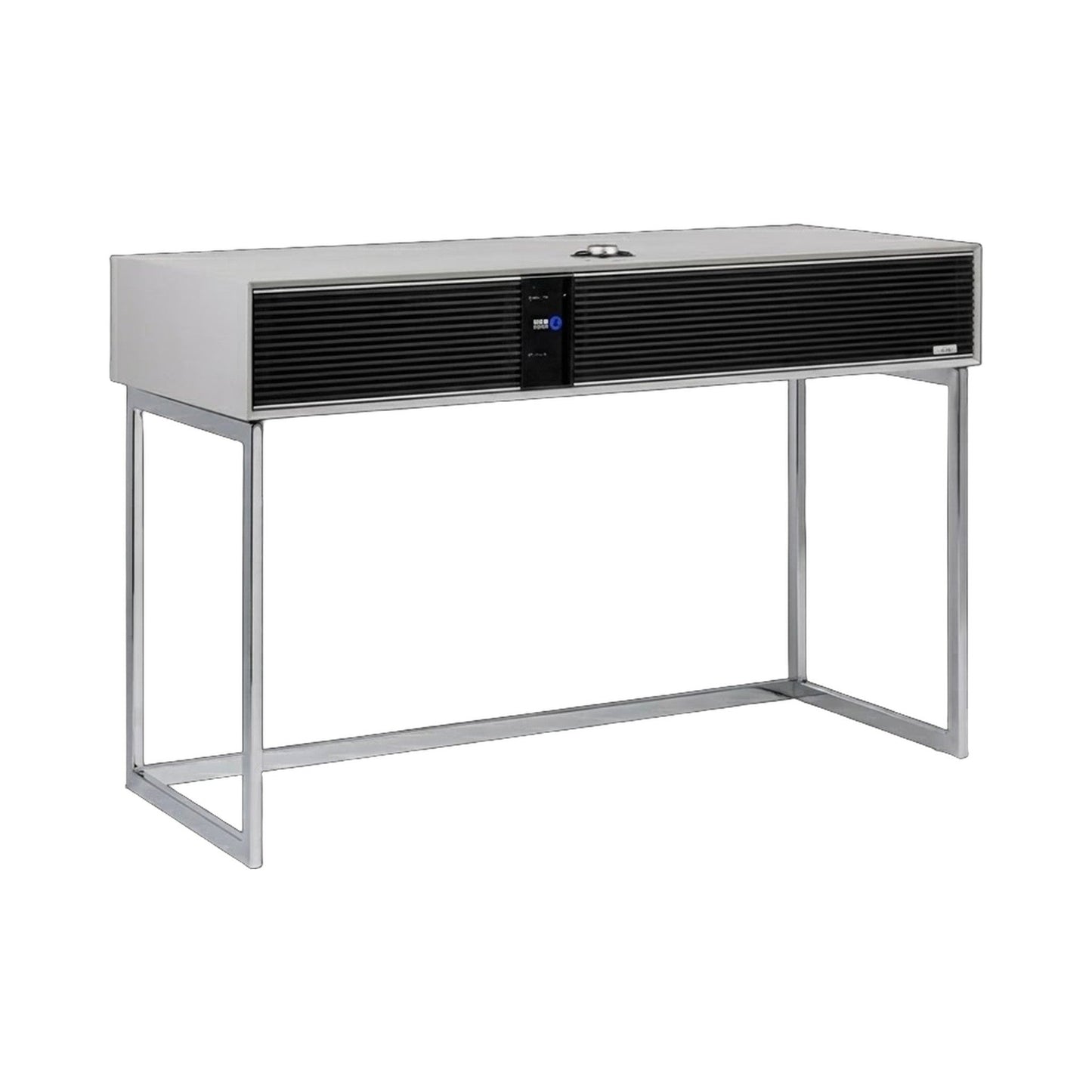 Ruark R810 All-in-One-Musiksystem Hellgrau + Black Slats Schrägansicht mit Standfuss