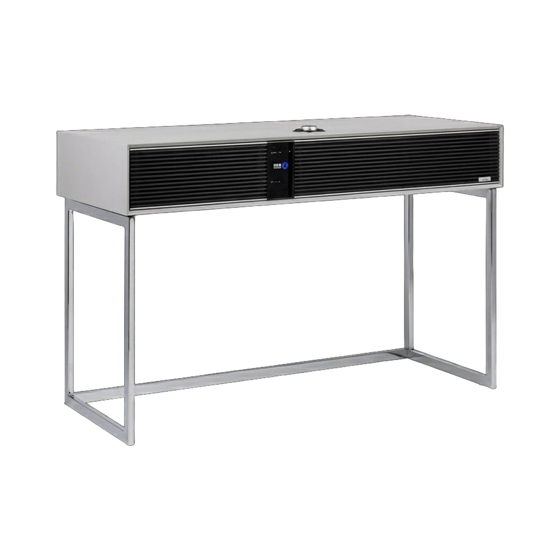 Ruark R810 All-in-One-Musiksystem Hellgrau + Black Slats Schrägansicht mit Standfuss