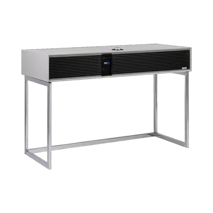 Ruark R810 All-in-One-Musiksystem Hellgrau + Black Slats Schrägansicht mit Standfuss