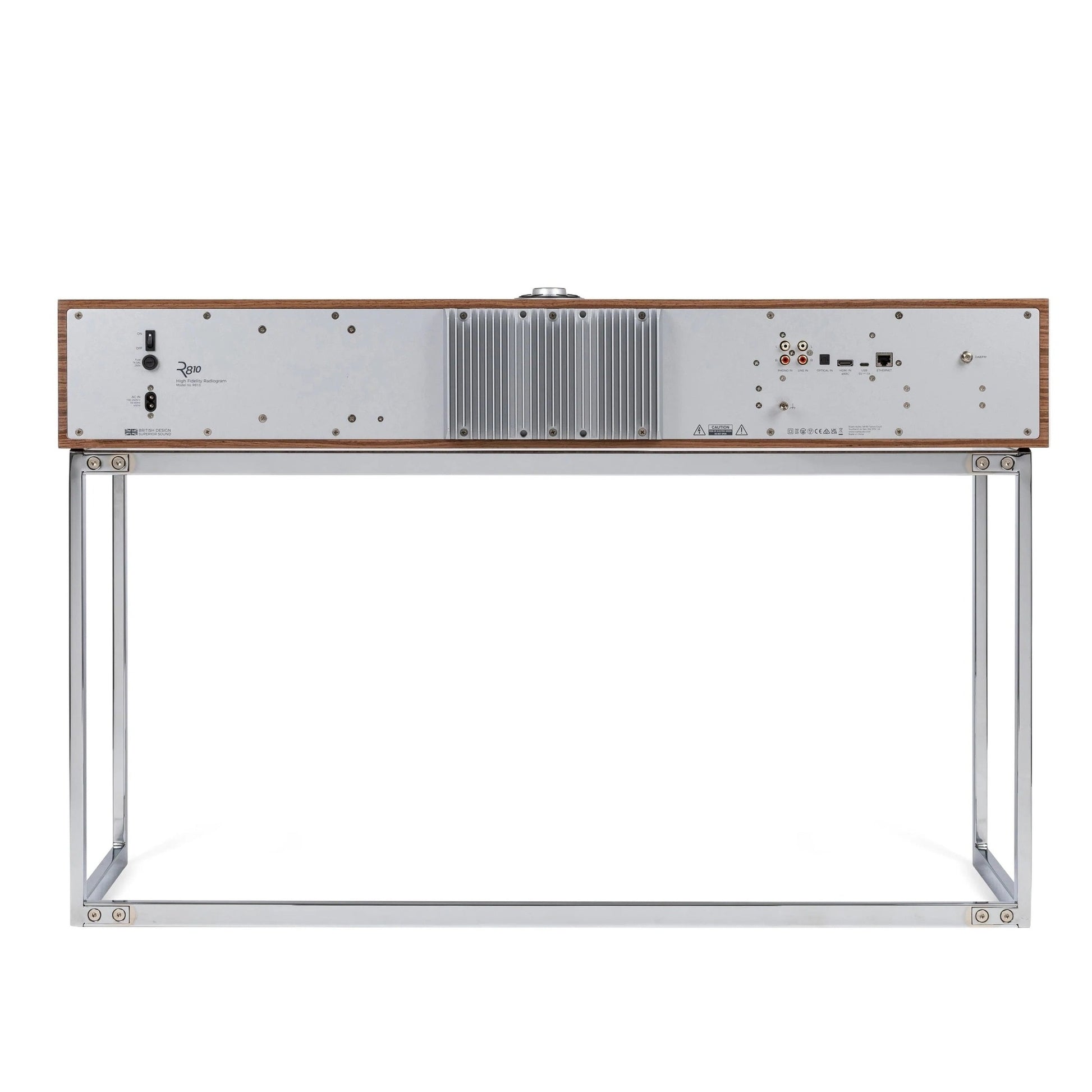Ruark R810 All-in-One-Musiksystem Nussbaum + Black Slats Rückansicht auf Standfuss