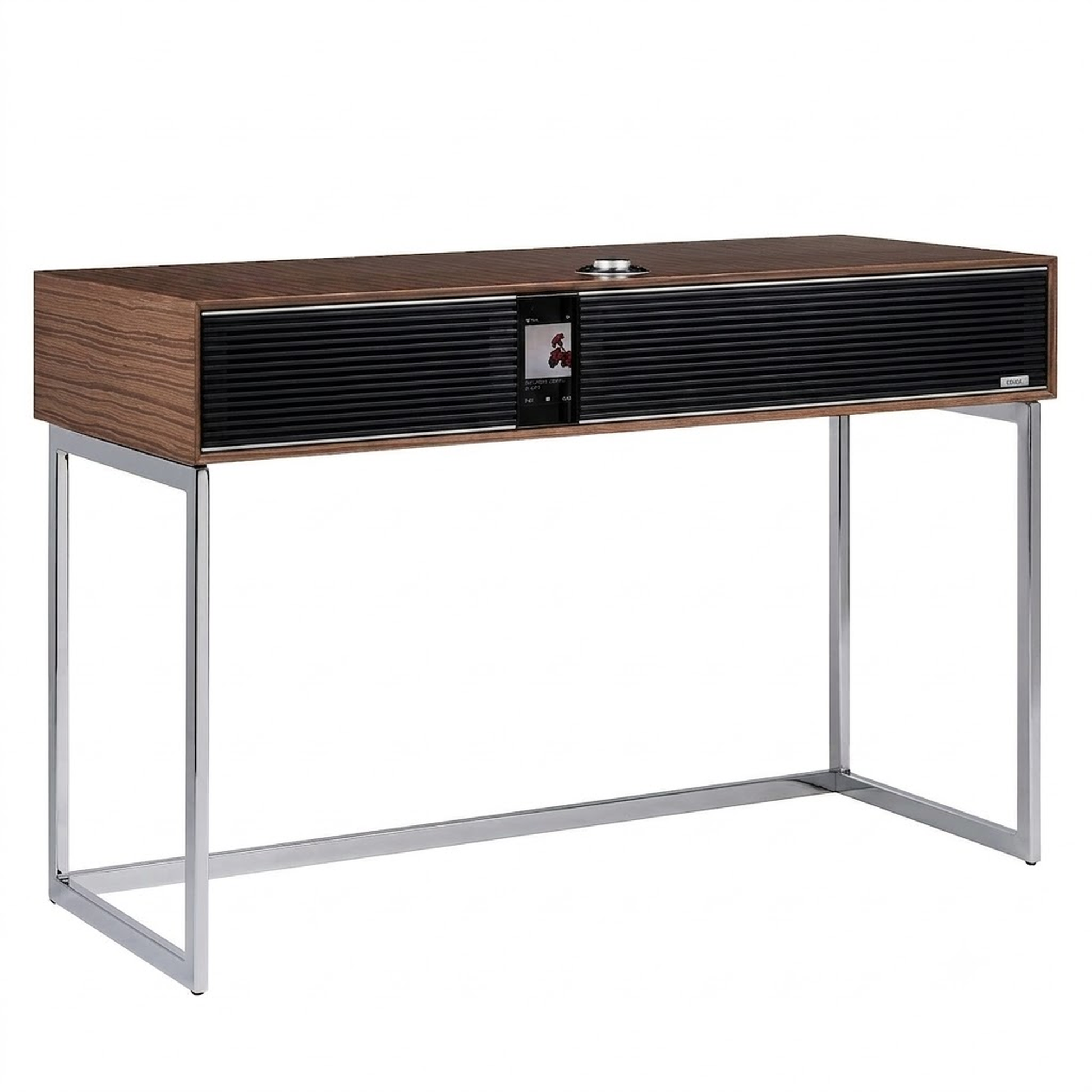 Ruark R810 All-in-One-Musiksystem Nussbaum + Black Slats Schrägansicht mit Standfuss