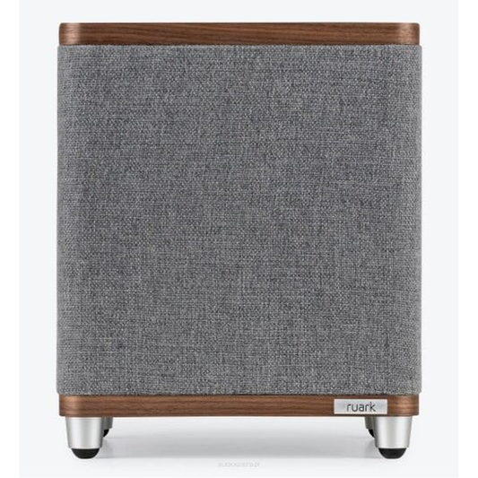 Ruark RS1 Aktiv-Subwoofer Nussbaum Frontansicht mit Stoffbespannung