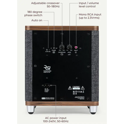 Ruark RS1 Aktiv-Subwoofer Nussbaum Rückansicht mit Bedienelementen