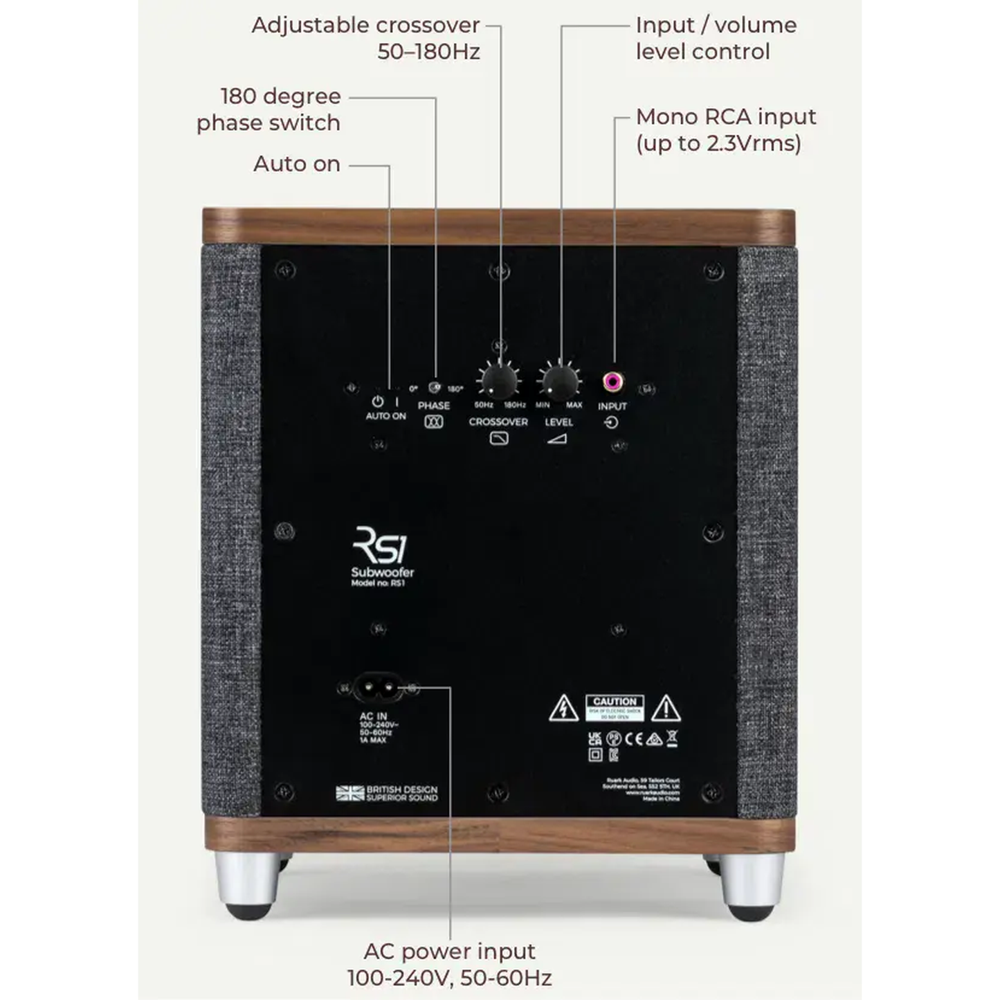 Ruark RS1 Aktiv-Subwoofer Schwarz Rückansicht mit Bedienelementen