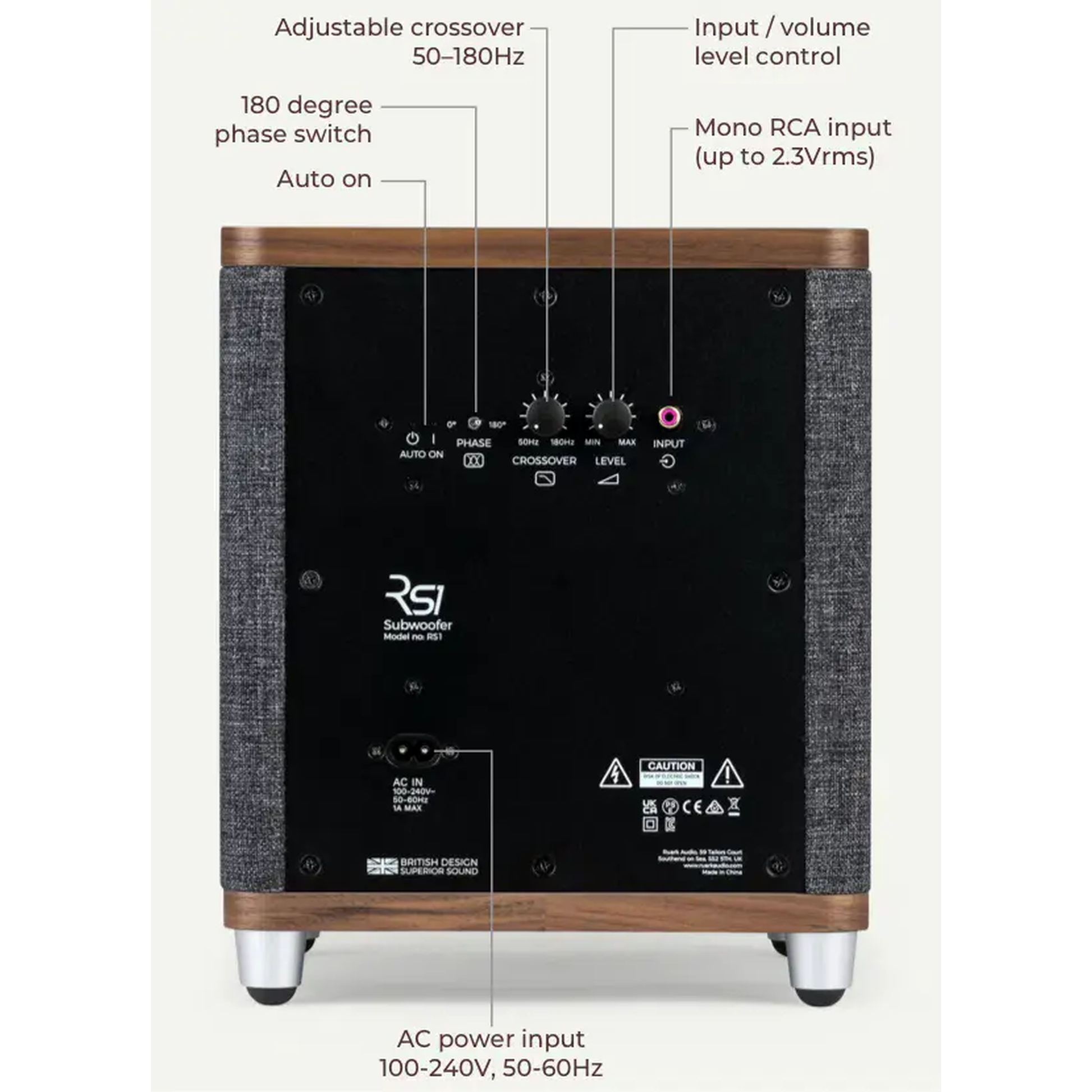 Ruark RS1 Aktiv-Subwoofer Schwarz Rückansicht mit Bedienelementen
