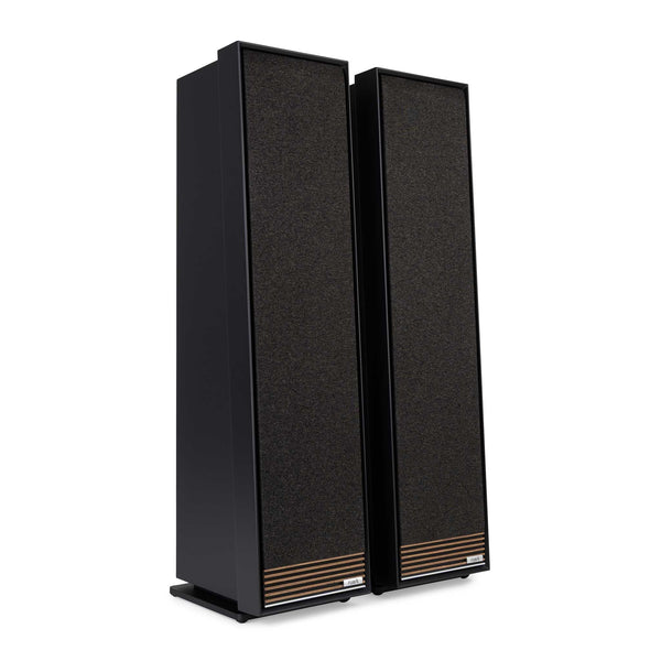 Ruark Audio Talisman-R Standlautsprecher Schwarz Schrägansicht Stereopaar mit Frontbespannung