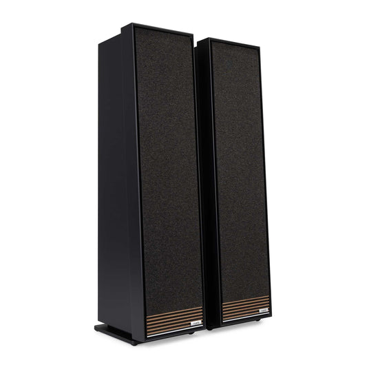 Ruark Audio Talisman-R Standlautsprecher Schwarz Schrägansicht Stereopaar mit Frontbespannung