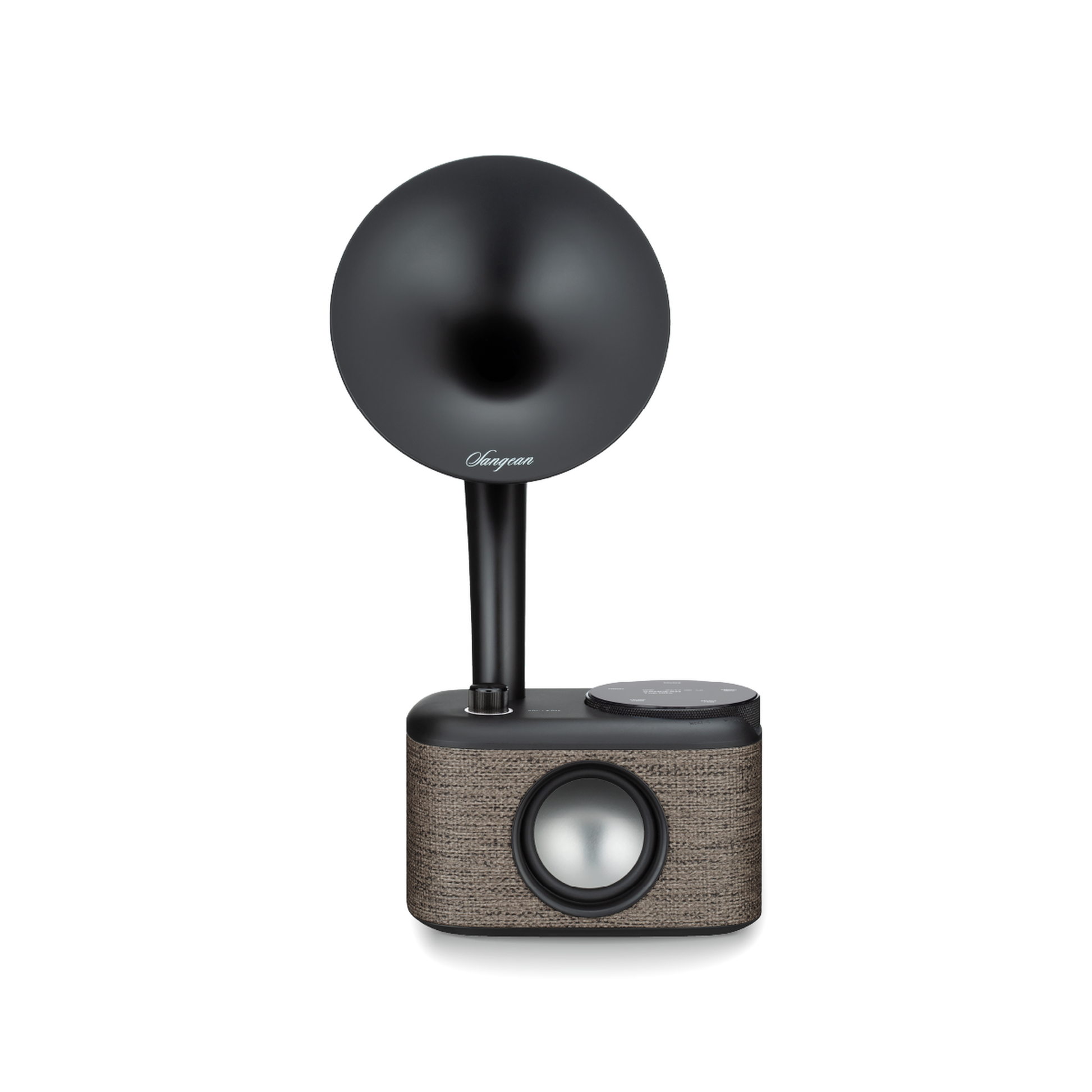 Sangean CP-100D DAB+/UKW Radio Frontansicht mit schwarzem Schalltrichter in Fabric Grey-Black