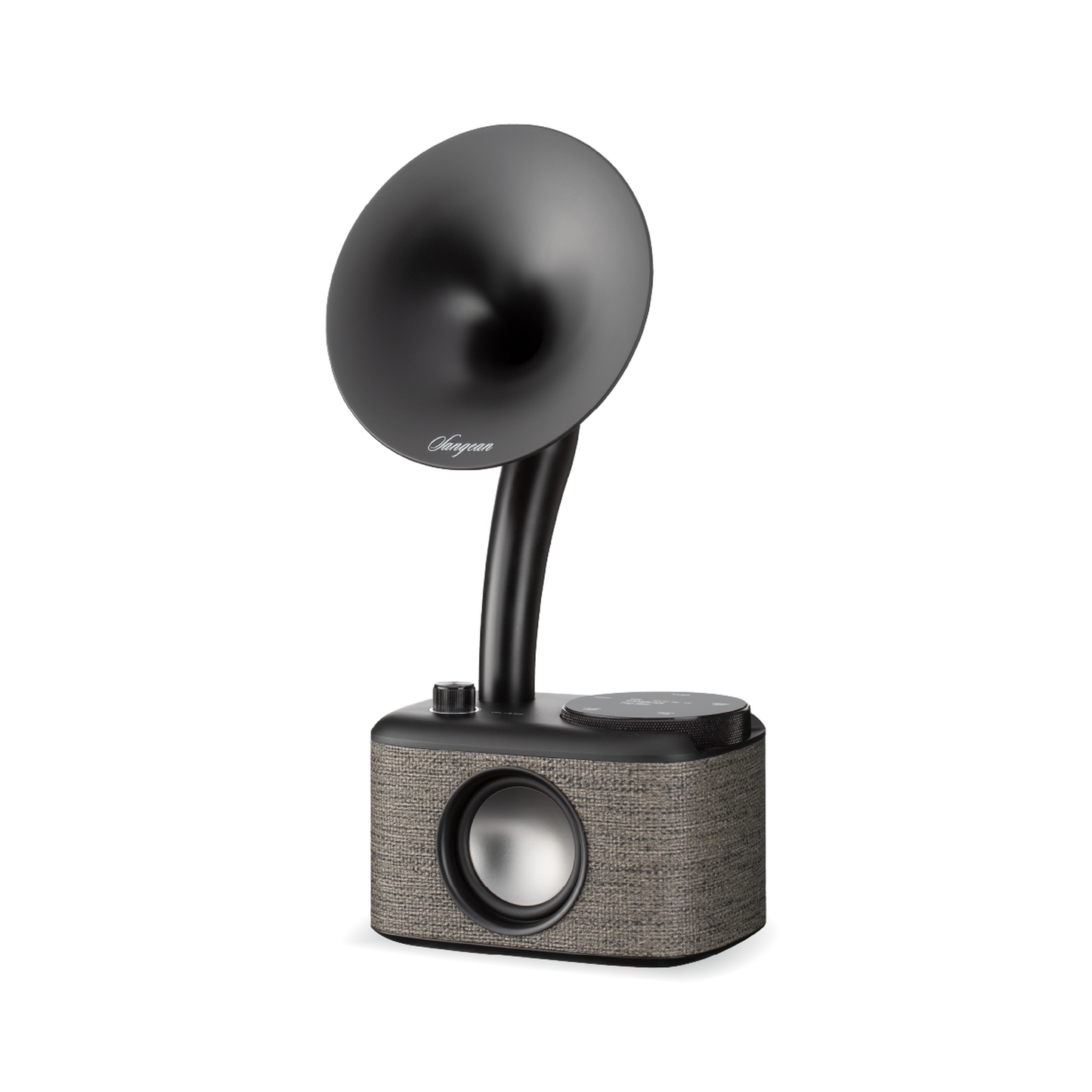 Sangean CP-100D DAB+/UKW Radio Schrägansicht mit Lautsprechergitter und Bedienknopf in Fabric Grey-Black