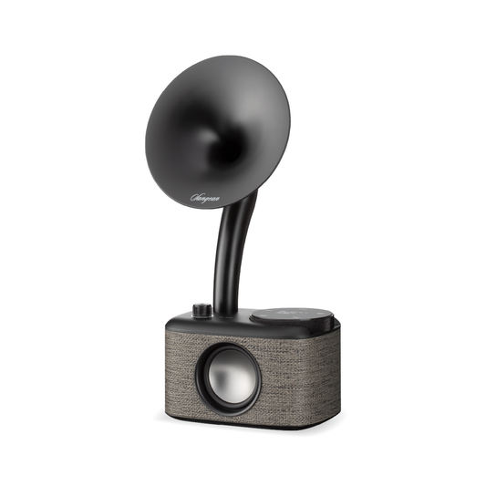 Sangean CP-100D DAB+/UKW Radio Schrägansicht mit Lautsprechergitter und Bedienknopf in Fabric Grey-Black