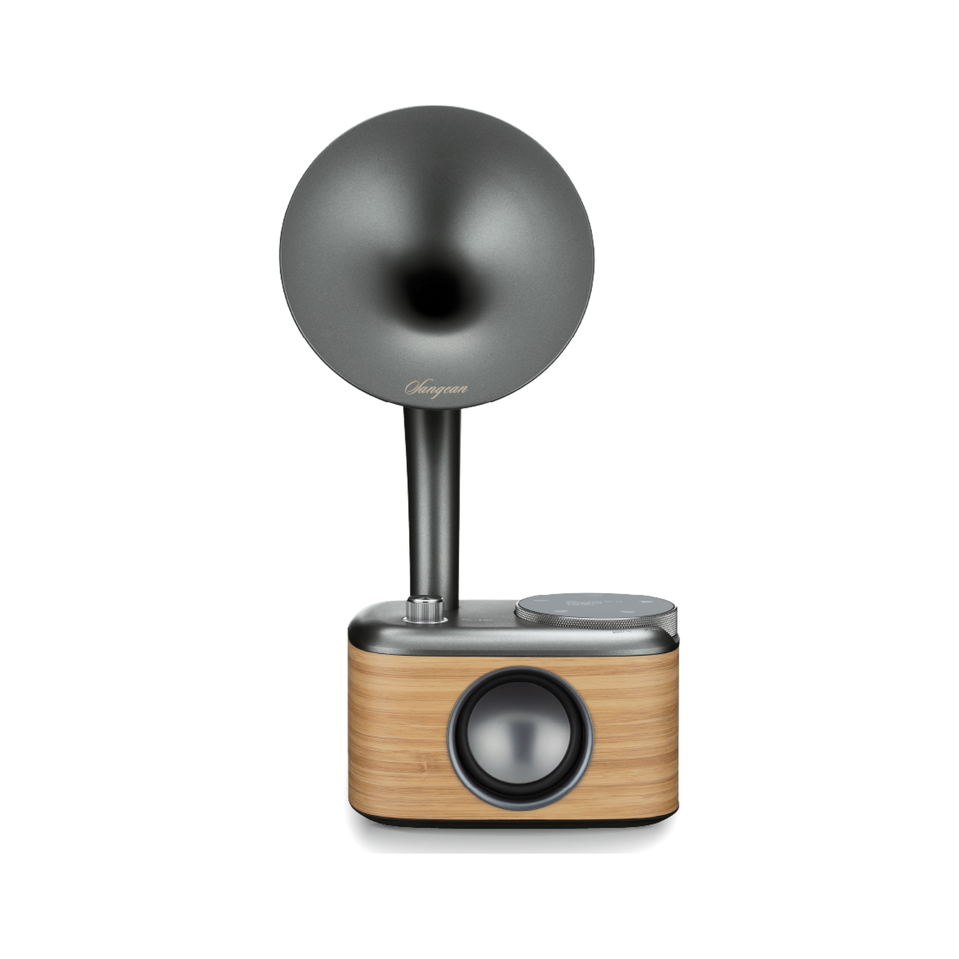 Sangean CP-100D DAB+/UKW Radio Frontansicht mit grauem Schalltrichter in Lightwood-Grey