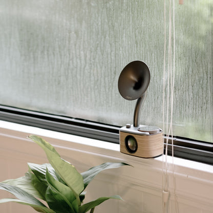 Sangean CP-100D DAB+/UKW Radio Lifestyle auf Fensterbank vor beschlagener Scheibe in Lightwood-Grey