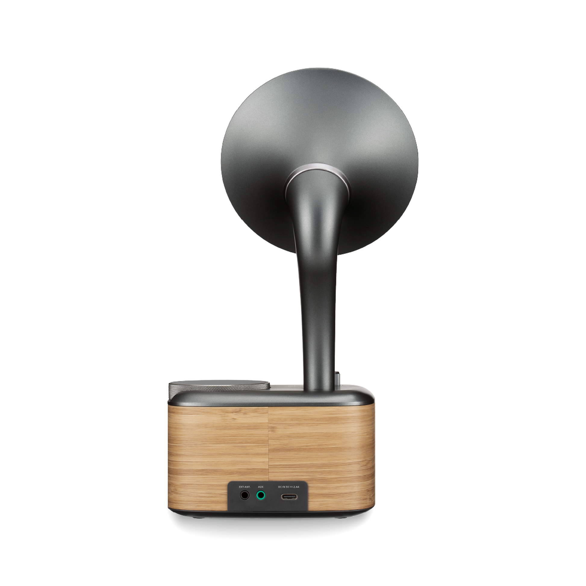 Sangean CP-100D DAB+/UKW Radio Rückansicht mit EXT-ANT-Buchse, AUX-Eingang und USB-C-Stromanschluss in Lightwood-Grey
