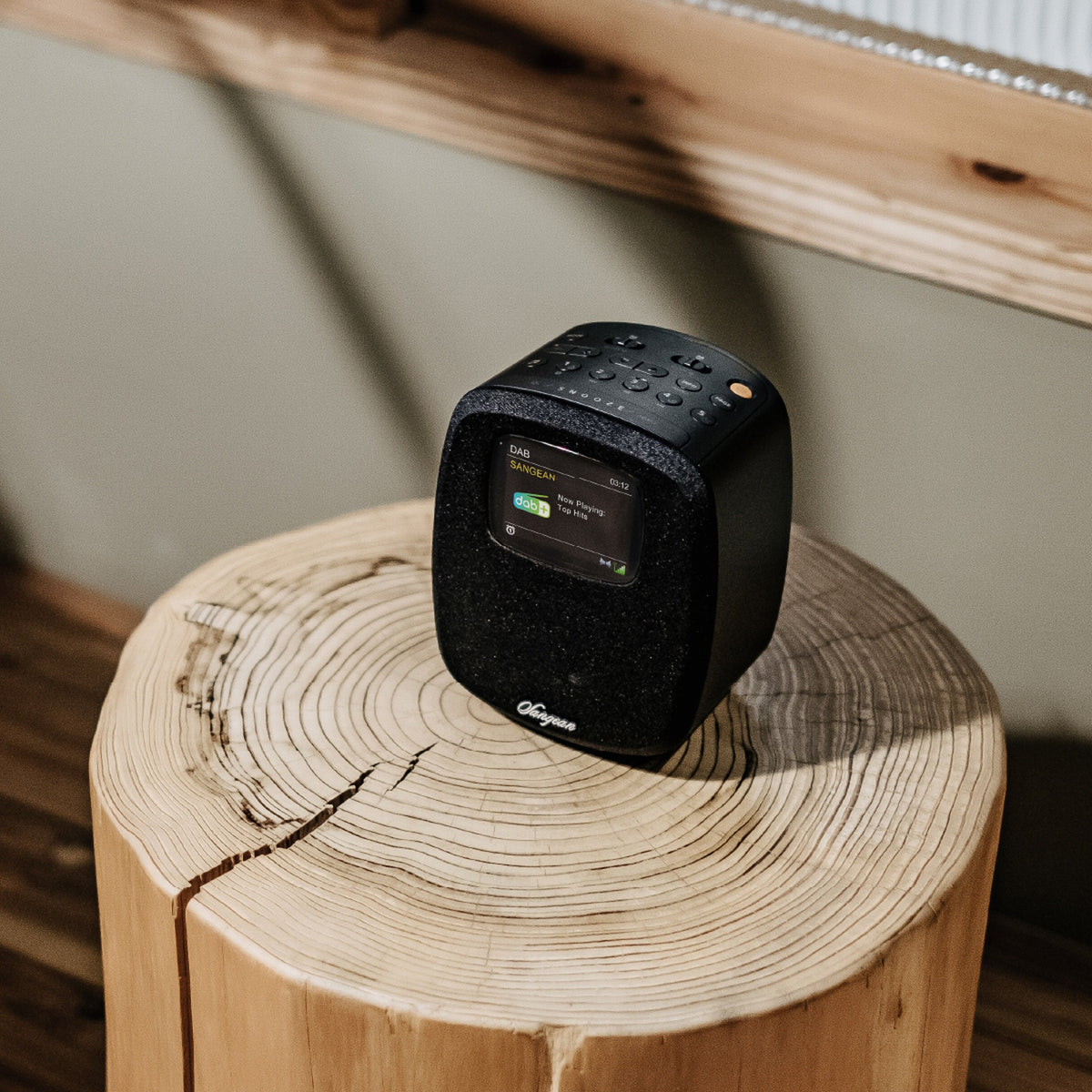 Sangean DCR-83 DAB+ Radiowecker mit Bluetooth, Black, Lifestyle auf Baumstamm-Hocker