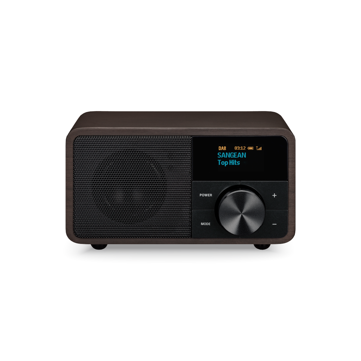 Sangean DDR-7 DAB+ Holzradio Frontansicht mit OLED-Display und Drehregler in Dark Wood